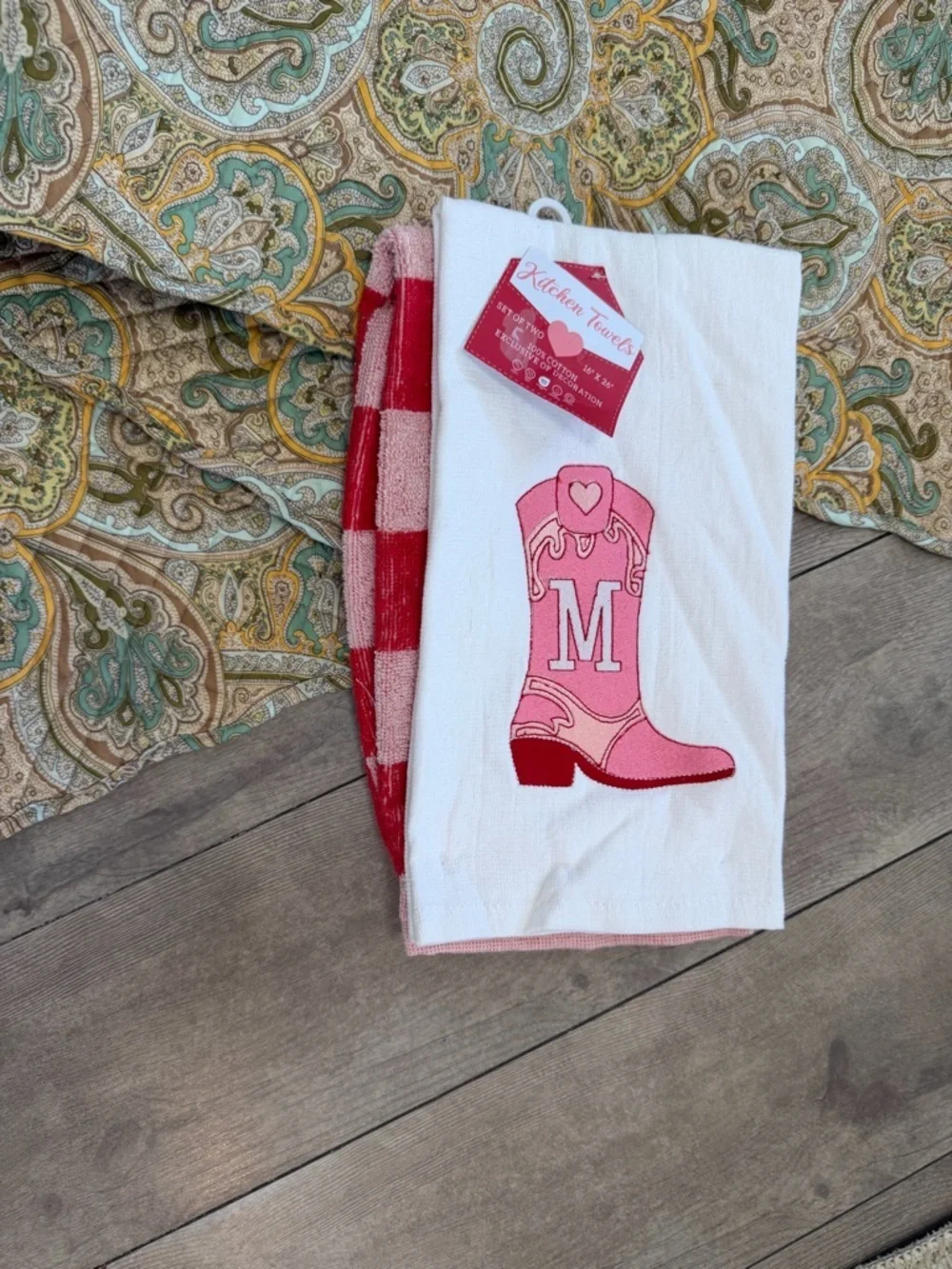 New Boutique Western Kitchen Towel Set ‘M’ Monogram Cowboy Boot/Checkered Cotton